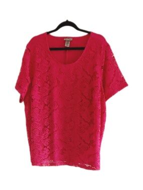 Women's Bright Pink Floral Lace Short Sleeve Blouse in 3X Petite